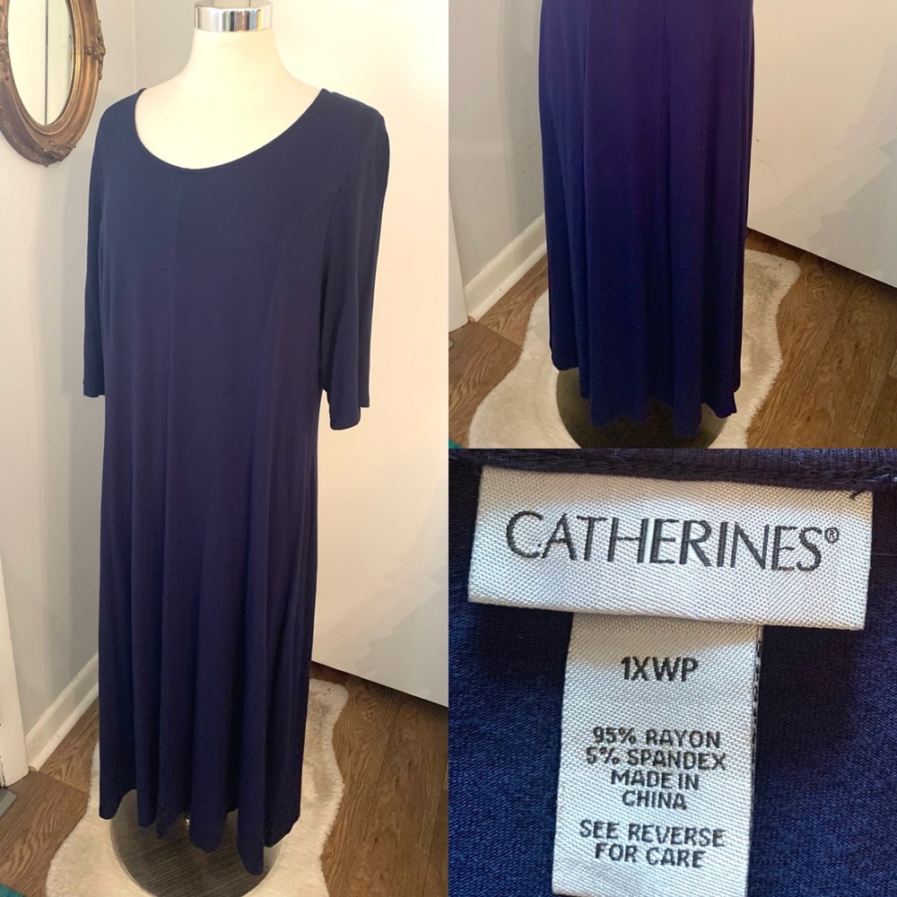 Catherine’s Navy Blue Maxie Dress 1X petite Casual Party long V Neck Lagenlook - Picture 4 of 10